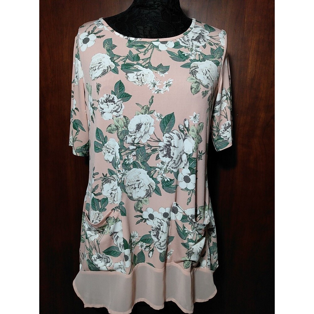 Nina Leonard Women‎ Pink Floral Sheer Hem Pockets Short sleeve Tunic Size M